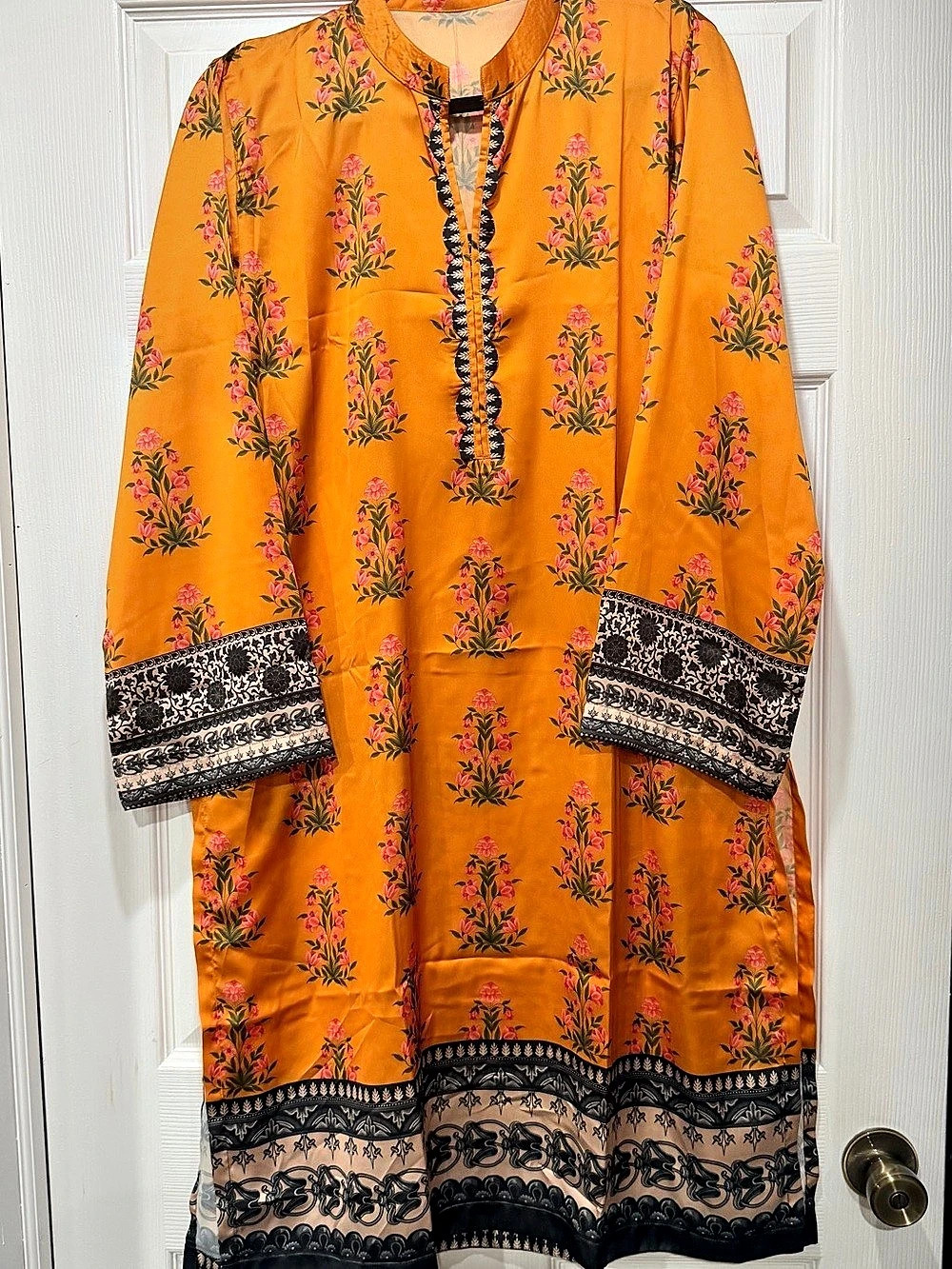 Pakistani Silk Floral Print kurta  Orangish yellow